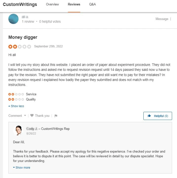 CustomWritings review on Sitejabber